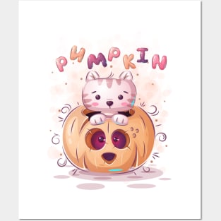 Cat in pumpkin Posters and Art